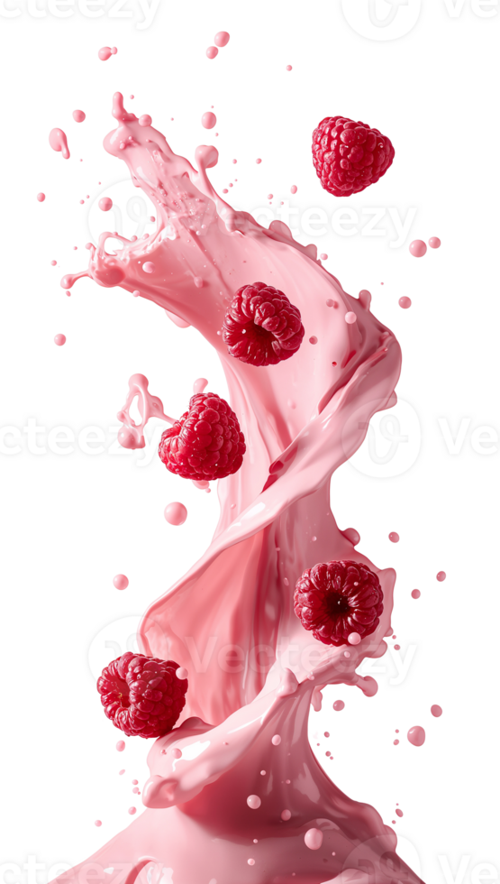 Dynamic splash of pink smoothie with scattered raspberries on clean simple background for design png