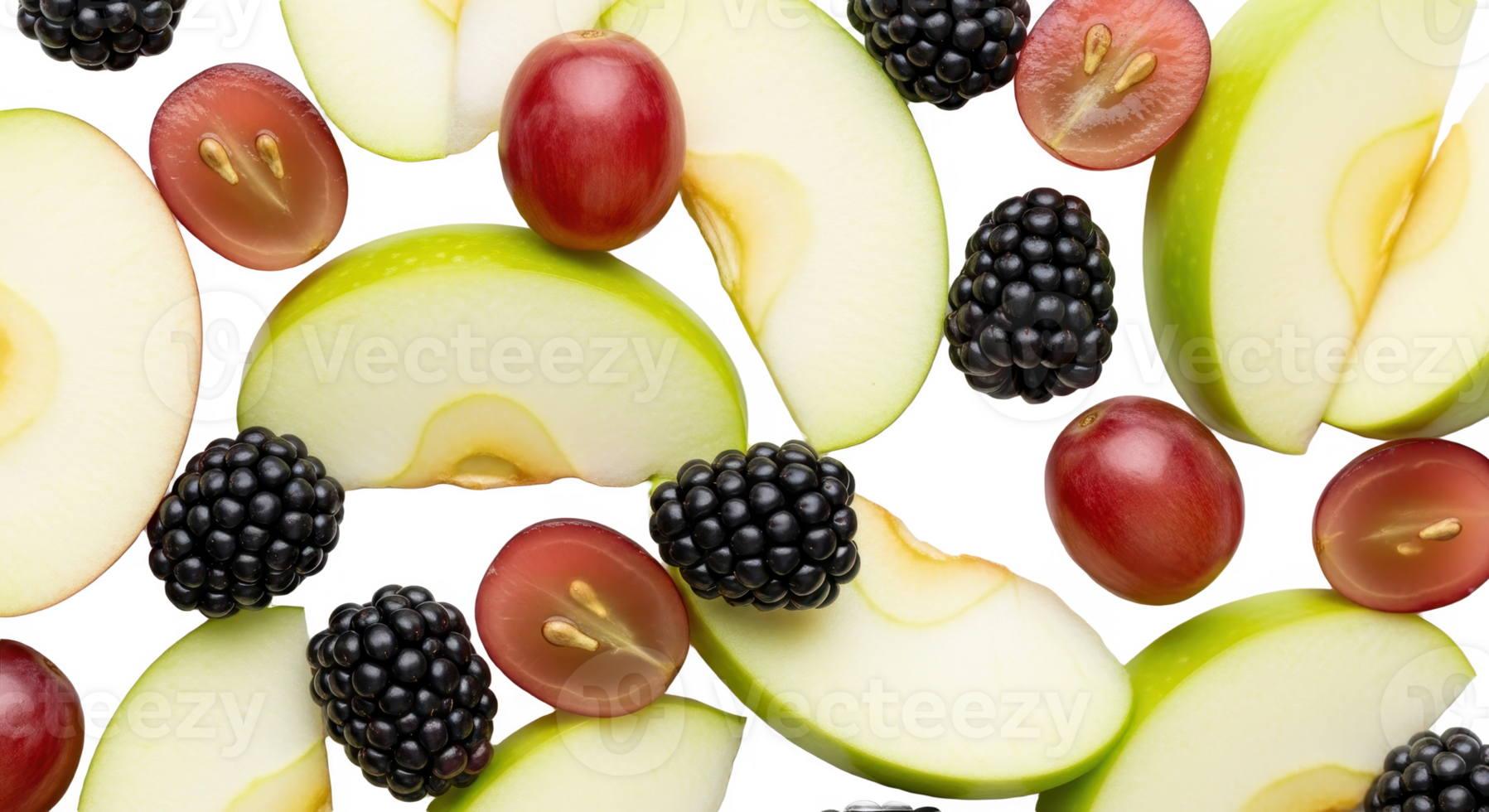 Creative flat lay of mixed sliced green apples, scattered red grapes, and fresh blackberries creating a colorful fruit pattern background png