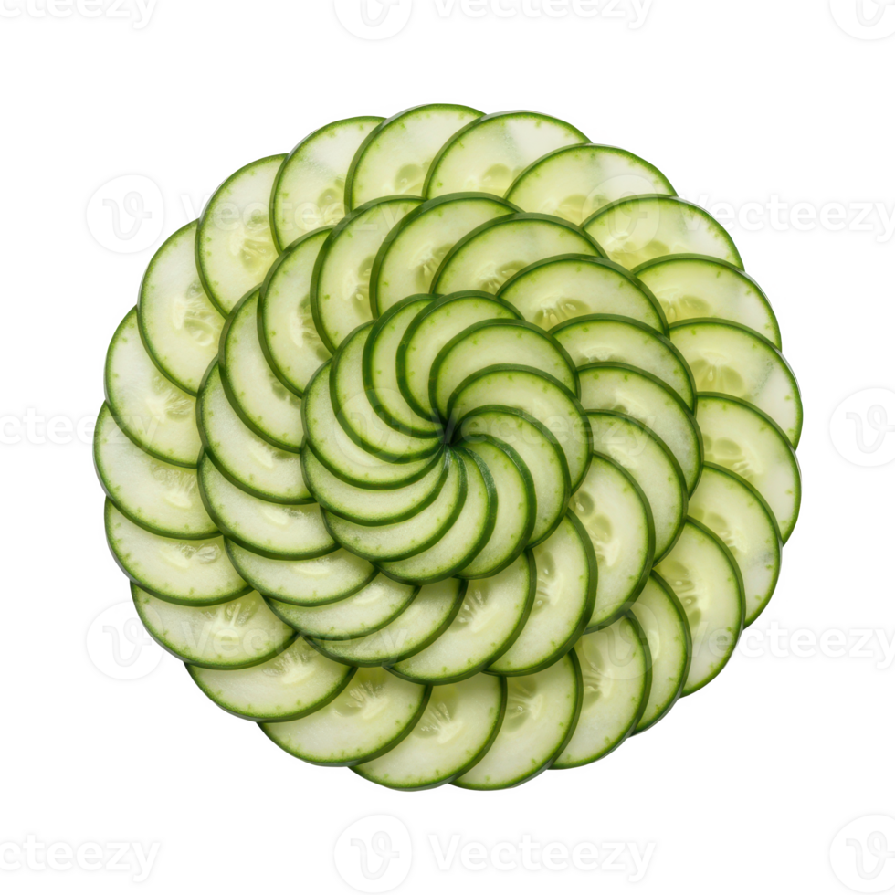 Artistic food presentation of thinly sliced fresh cucumber rounds arranged in an overlapping spiral rosette pattern isolated on a transparent background png