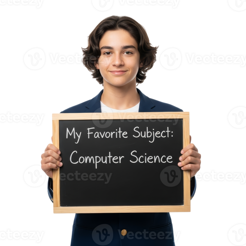 feliz aluna segurando quadro-negro com computador Ciência sujeito png