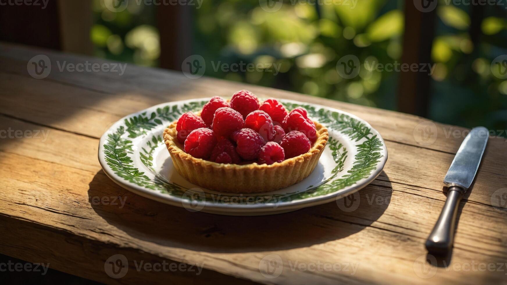 Fresh raspberry tart on a rustic wooden table with greenery in the background, evoking a cozy atmosphere photo