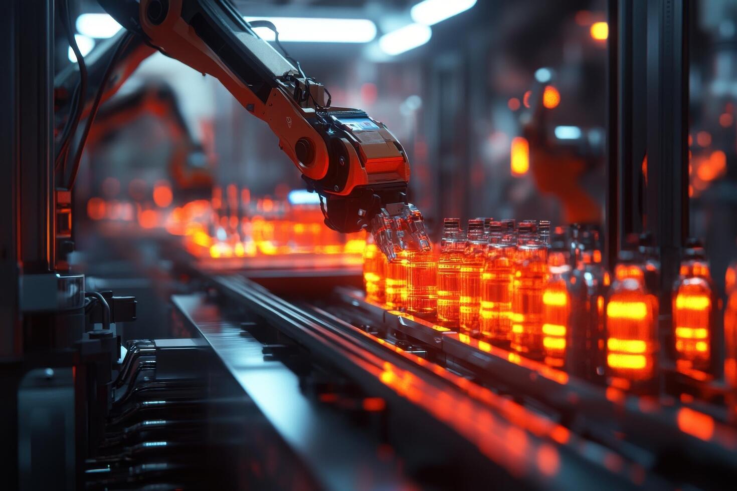 A robot is working on a production line with bottles photo