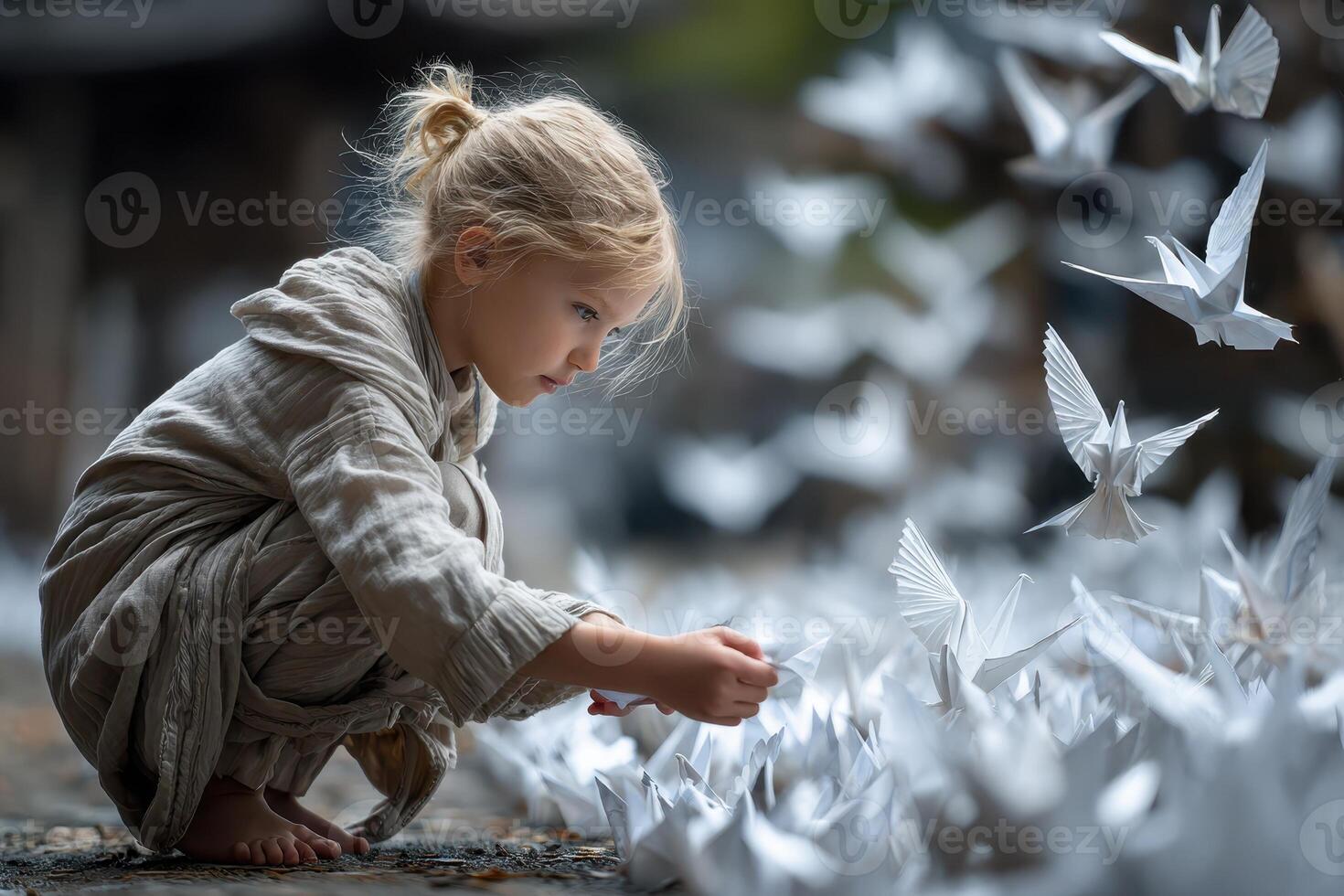 niña creando origami grúas en un sereno jardín lleno con papel aves foto