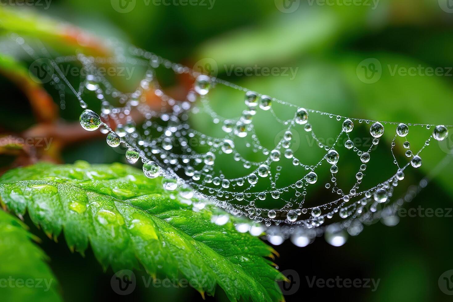 Closeup of sparkling dewdrops clinging to a delicate spiderweb in a lush green setting photo