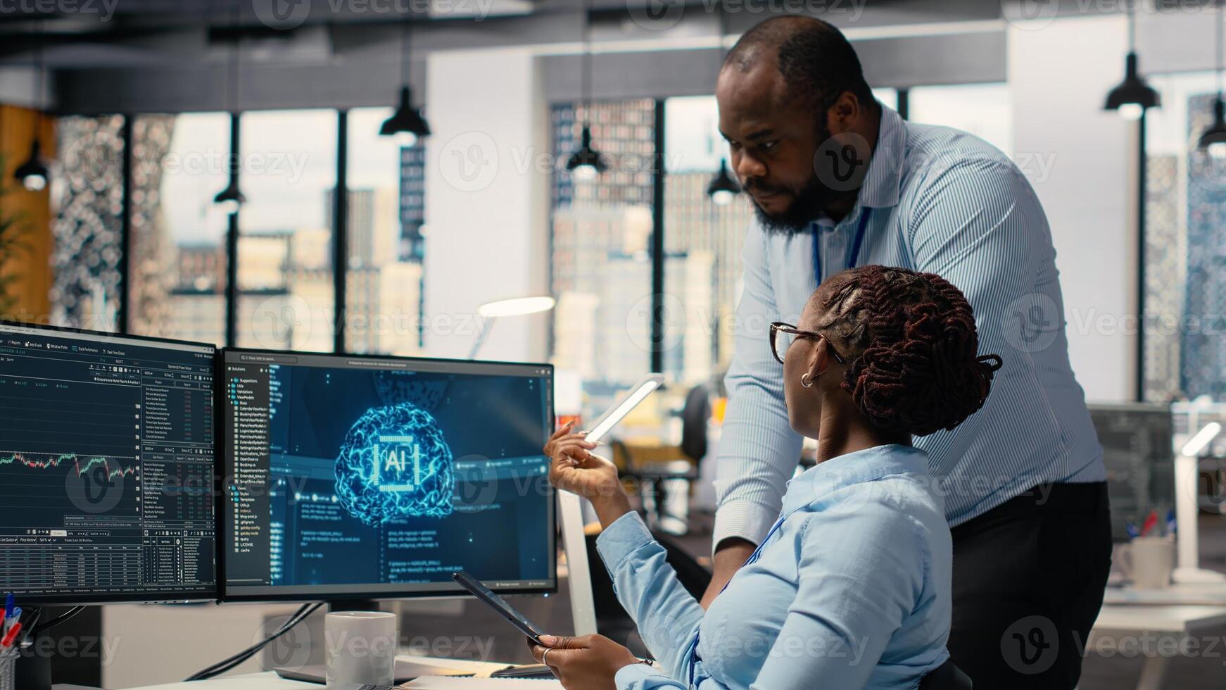 Prop firm staff members using artificial intelligence tech to ensure smooth trading operations. Team of traders in office using AI chatbot to analyze stock market portfolio positions photo