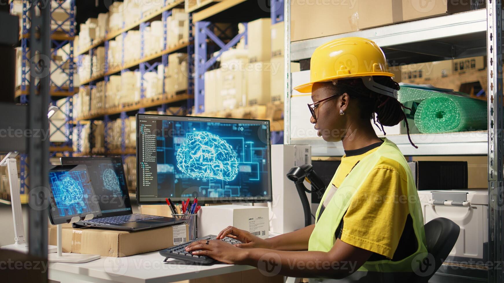 African american woman uses AI deep learning software for e-commerce automation, working in distribution hub with neural networks brain managing tracking software. Data science. Camera A. photo