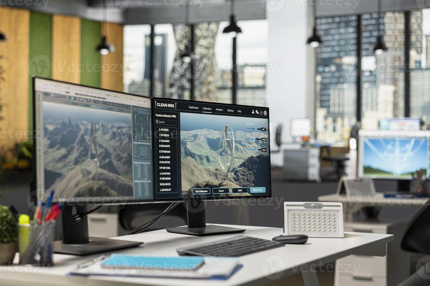 PC in empty office used to research next generation wind turbine technologies, accelerating clean energy adoption. Computer in RD workspace used to optimize aerodynamic design of VAWT turbine photo