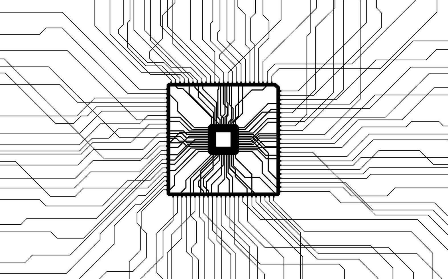 An intricate computer chip layout features detailed wiring patterns that radiate outward, showcasing the complexity of modern electronics. vector