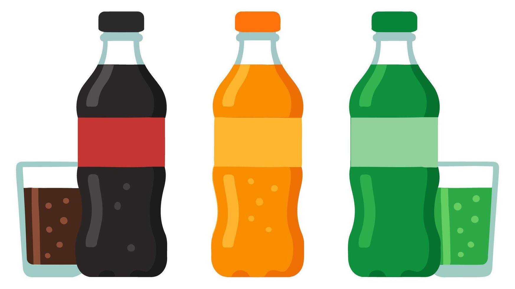 Fresh and Colorful Soft Drink Bottles with Matching Glasses for Advertisements vector