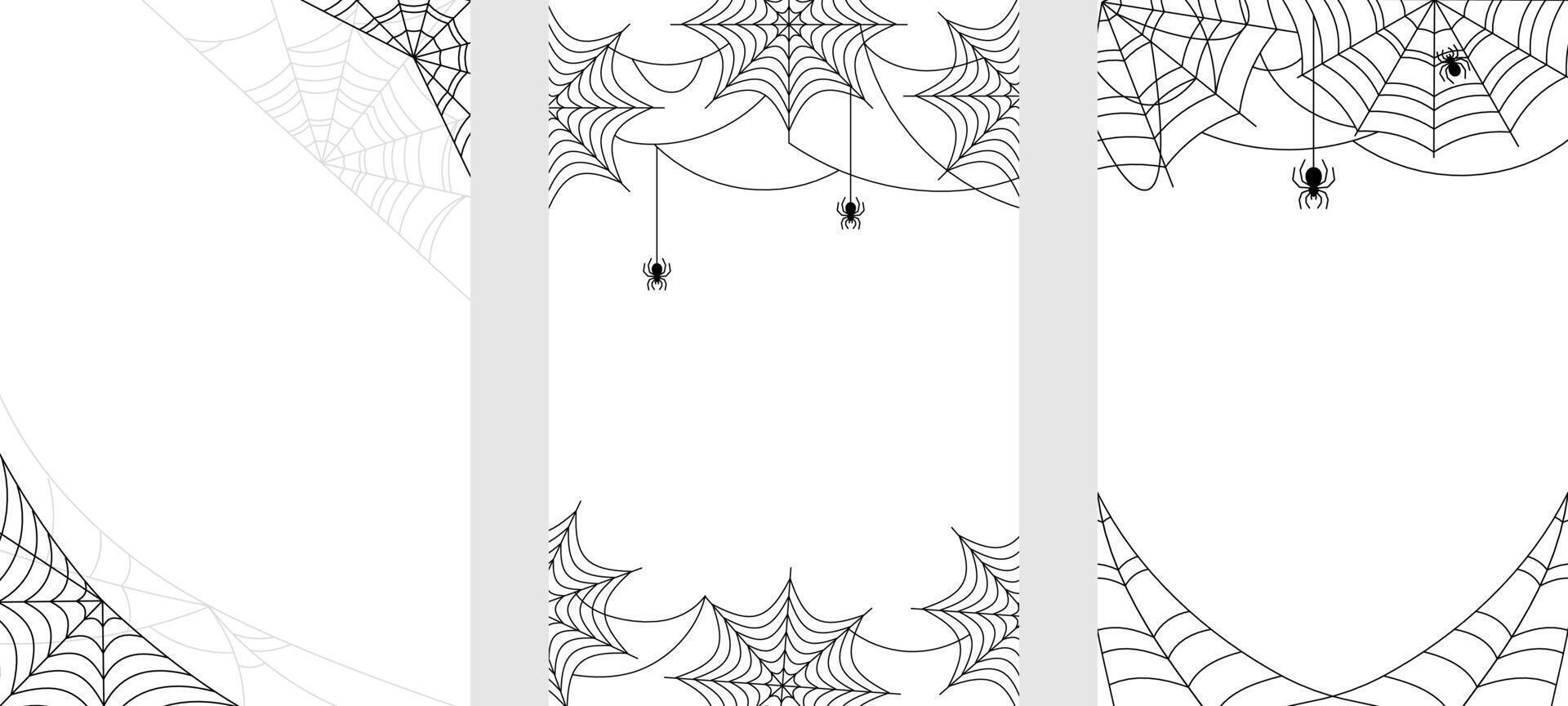 Black Spider Web and spiders, cobweb on white vertical background set, illustration vector