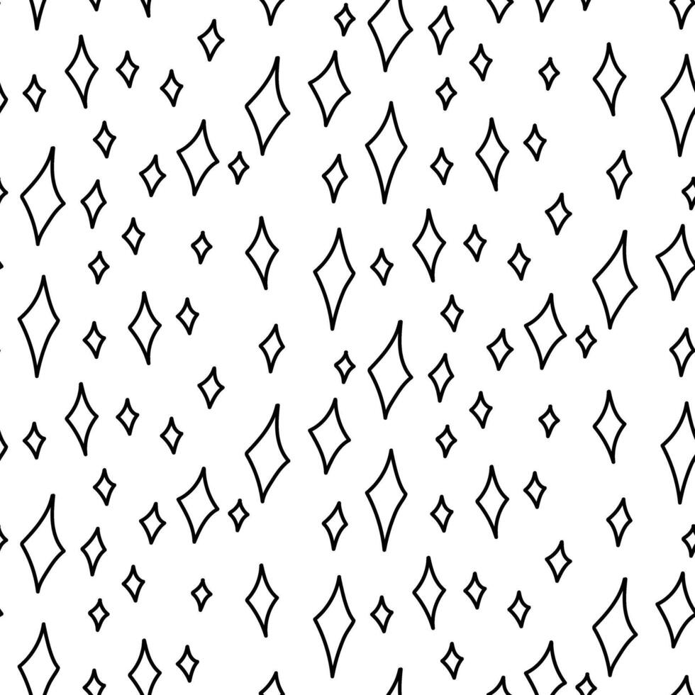 Pattern of mini glitter, doodle. Diamonds of different sizes. Black line on white. Seamless texture. Cute children's drawing. Shape, symbol that repeats in rotation. Minimalistic linear style vector