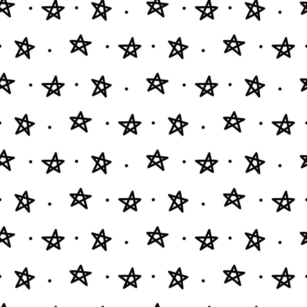 Pattern of mini five-pointed stars with dots in a row. Star with a single line. Black line on white. Seamless texture. Cute children's drawing. Shape with a repeating symbol. Minimalist linear style vector
