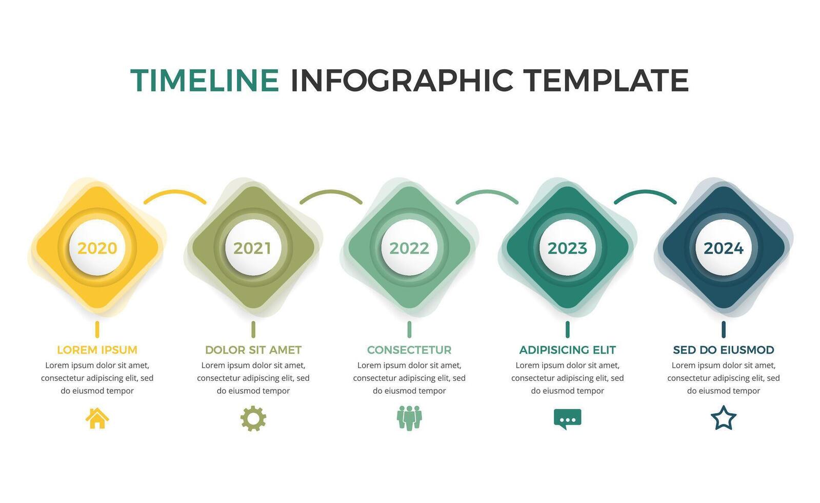 Horizontal timeline infographics template with five square elements with place for dates and text vector