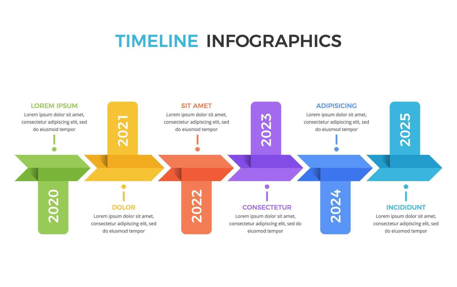 Horizontal timeline infographic template with six colorful arrows with place dates and text vector