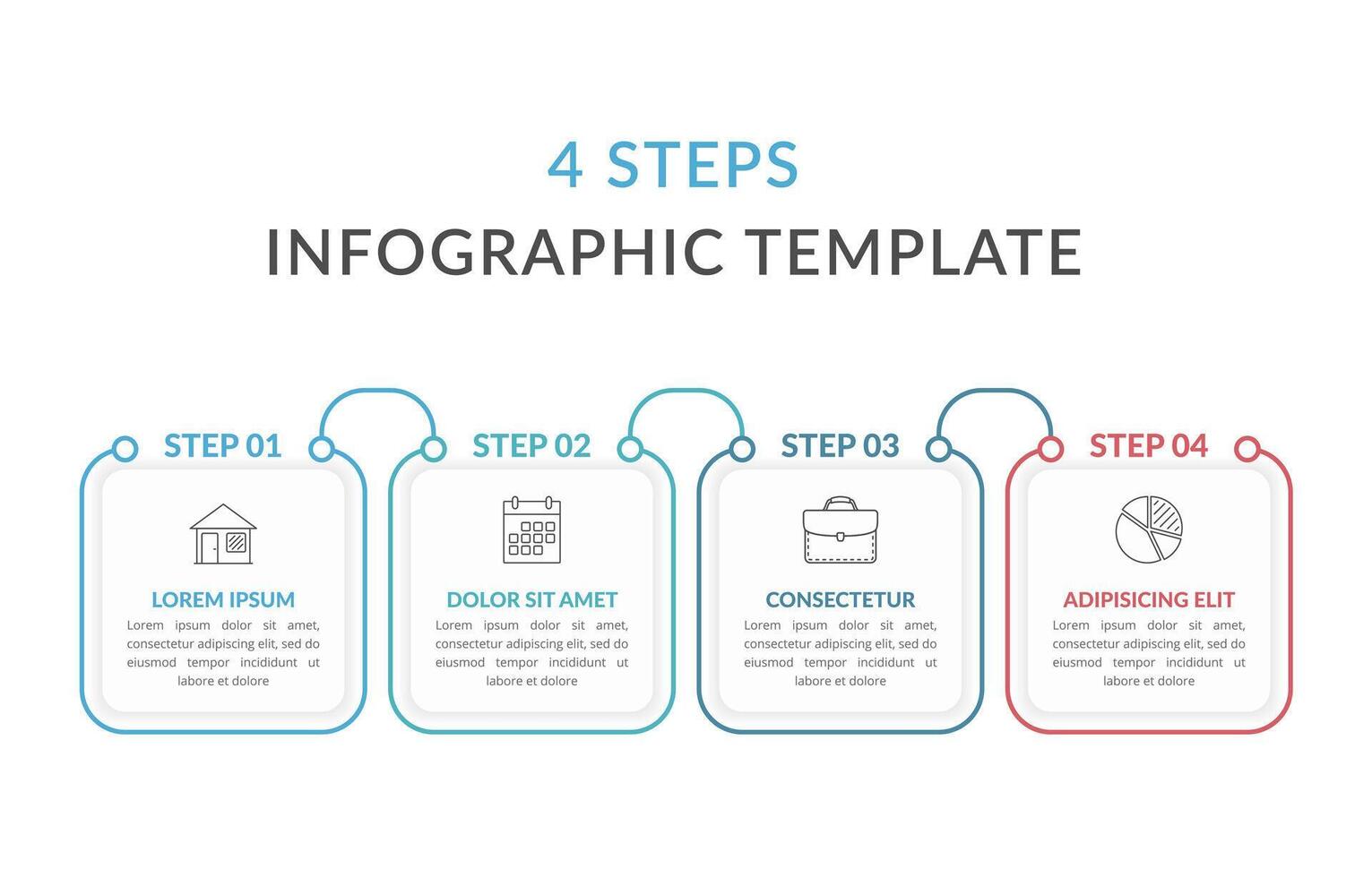 Infographic template with connected four squares with text and line icons, process diagram, workflow, four steps or options vector