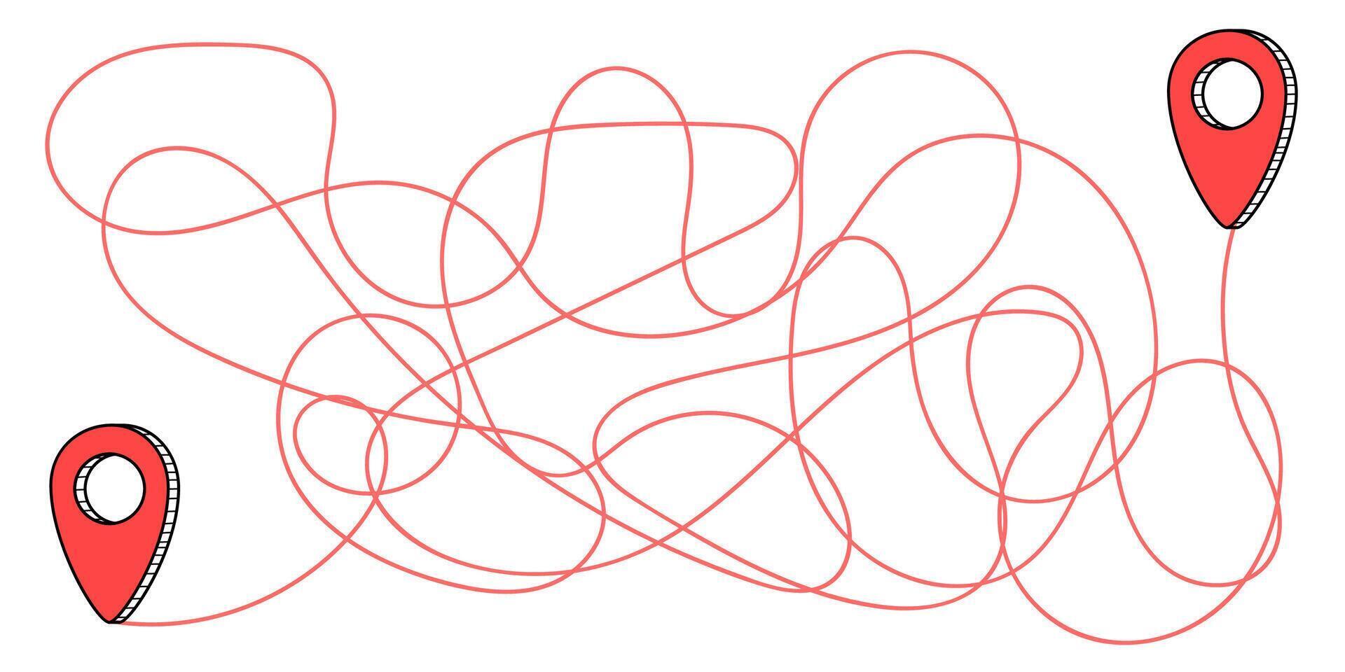 Winding paths connect navigation markers in a maze-like design. vector