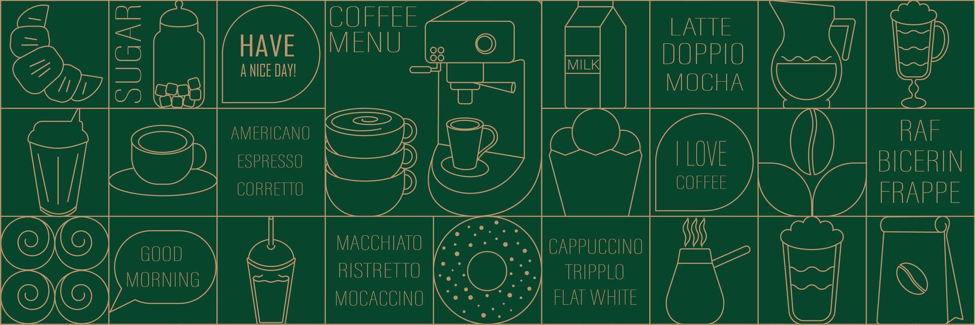 Geometric coffee and tea pattern in minimalist style. Abstract print background with simple shapes for coffee shop, food packaging, cafe wall, menu.A green background with various food items vector