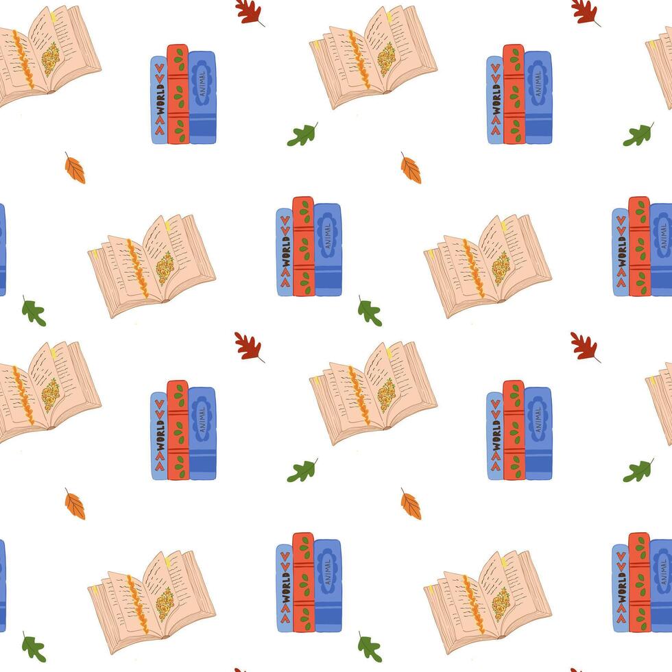 Cute seamless pattern with open book, stack of books and falling leaves hand drawn on white background. Cozy autumn book pattern, for book lovers vector