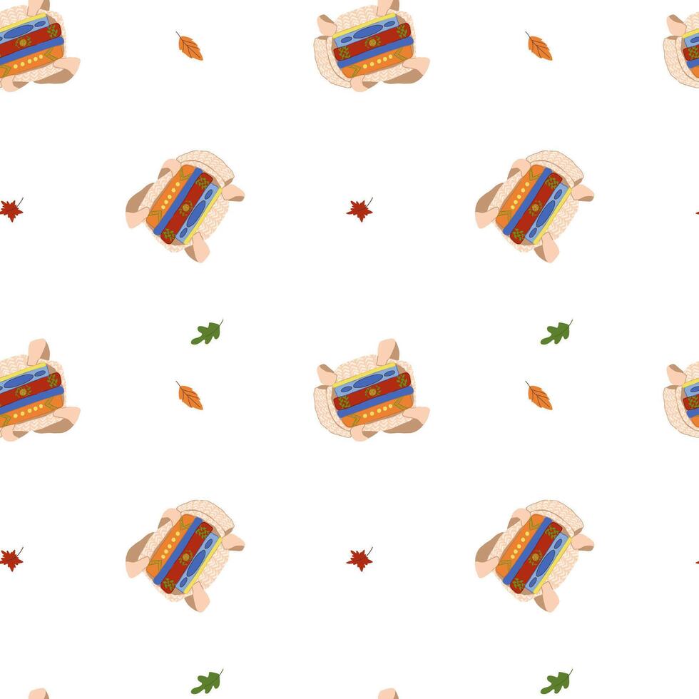 Cute seamless pattern with open bag with books and falling leaves hand drawn on white background. Cozy autumn book pattern vector