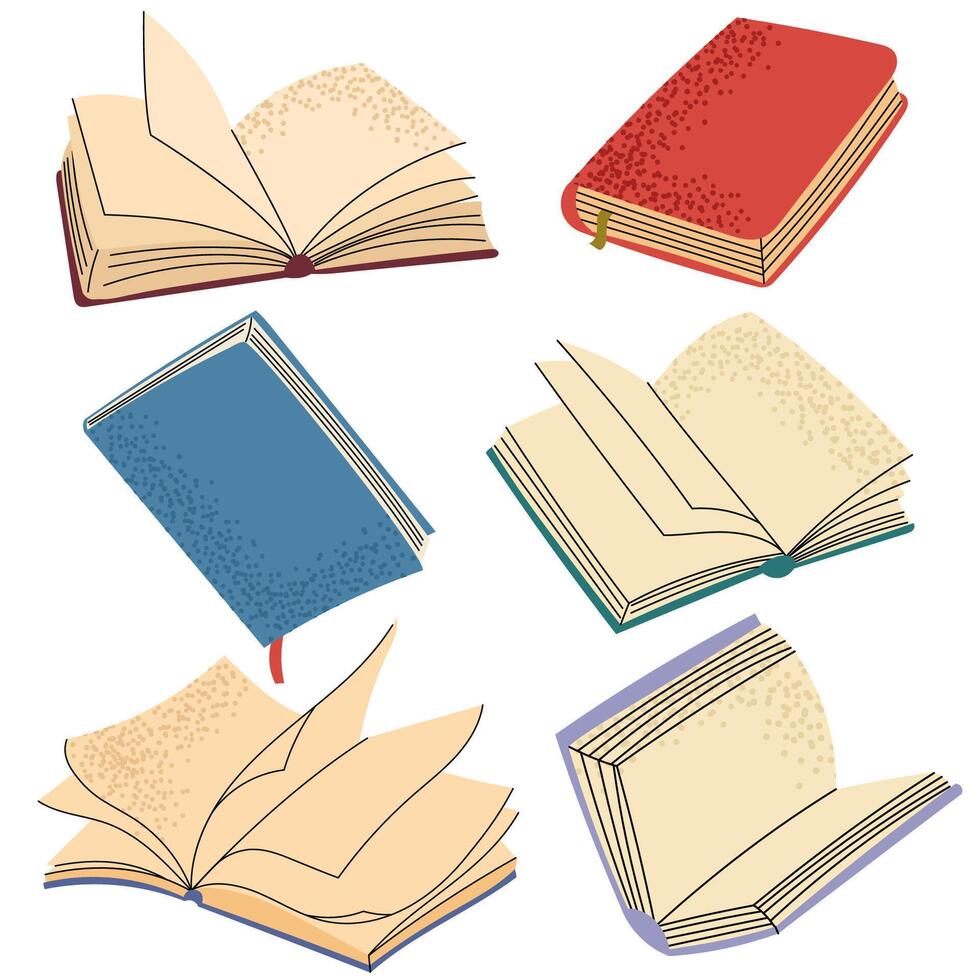 Set of colorful open and closed books in flat style. Collection of colorful books in flat design, showing open and closed variations, perfect for education, learning or digital illustrations. vector