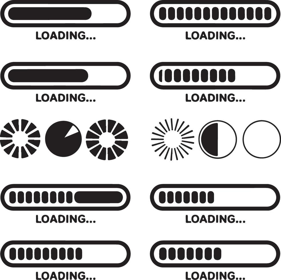 Loading bar and progress circle icons in black and white Keywords loading progress bar vector