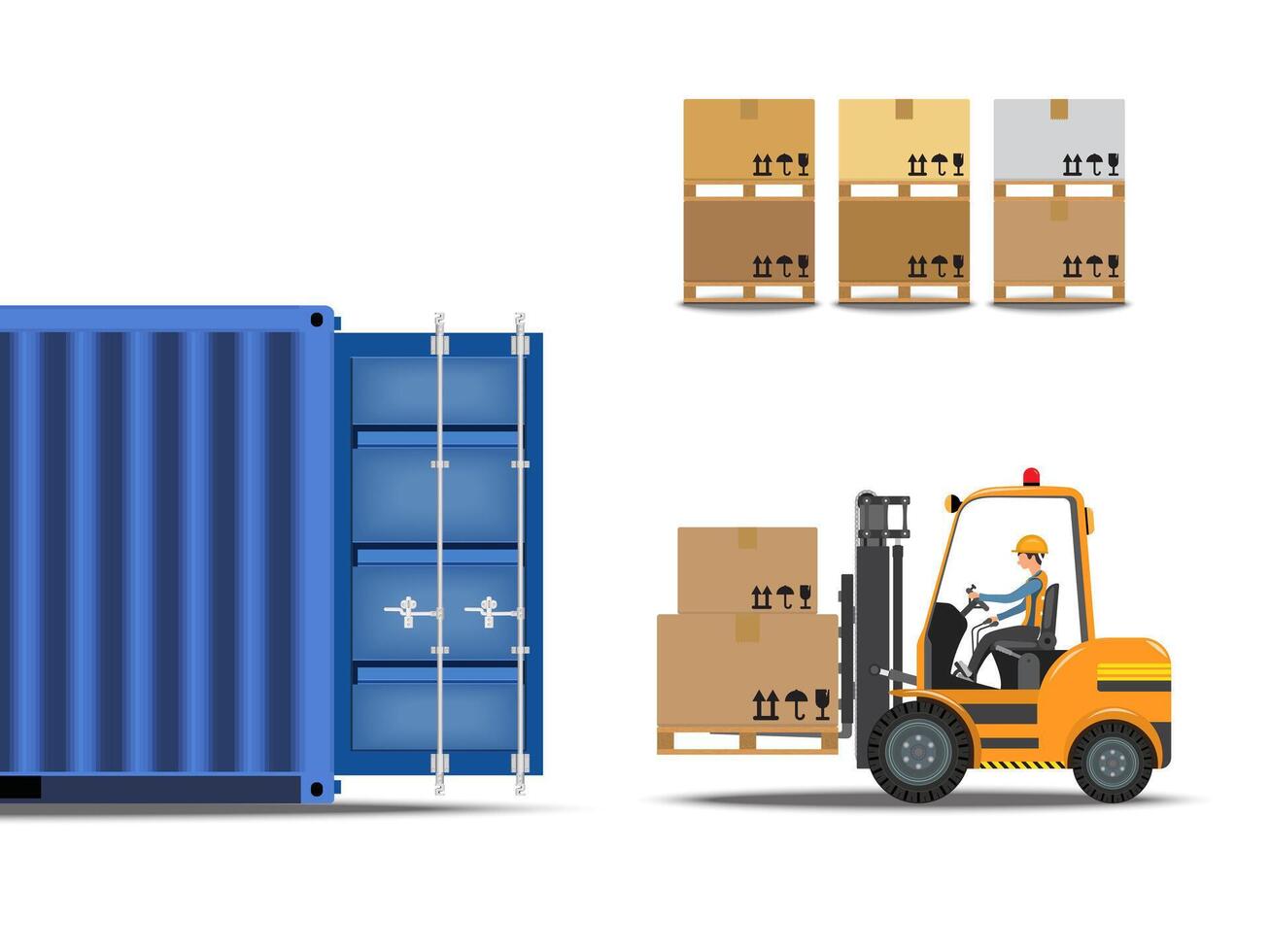 Workers are loading large boxes of goods into a container with a forklift on a white background. illustration EPS 10. vector