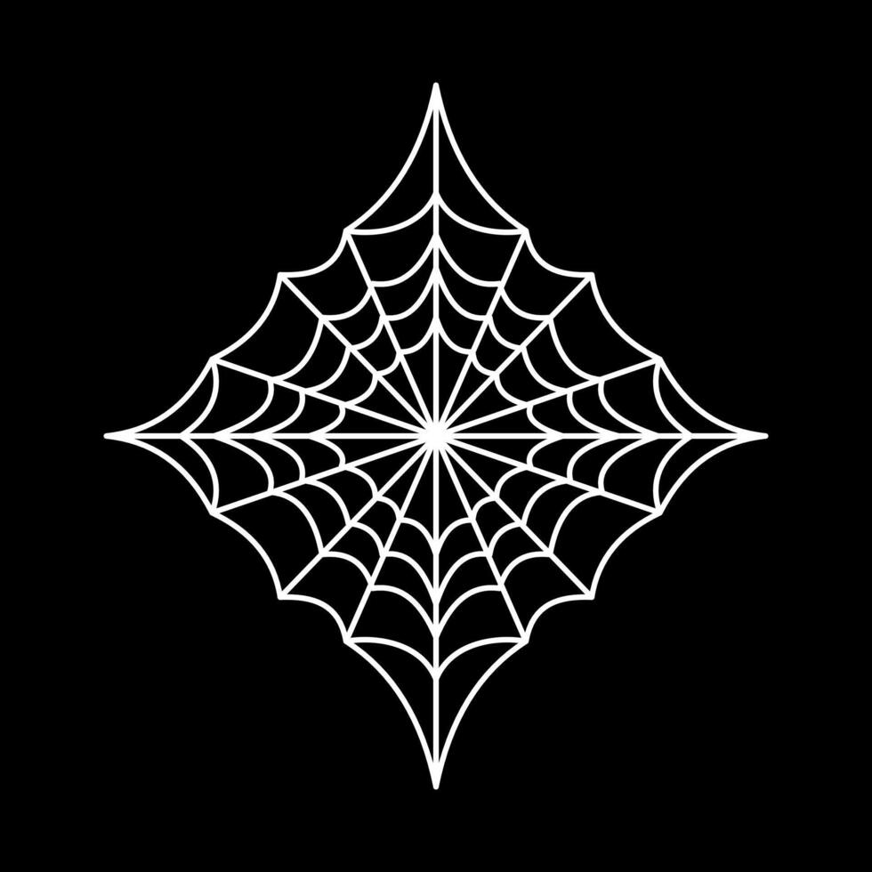 White spider web icon on black background. Symmetrical web shape in outline style. vector