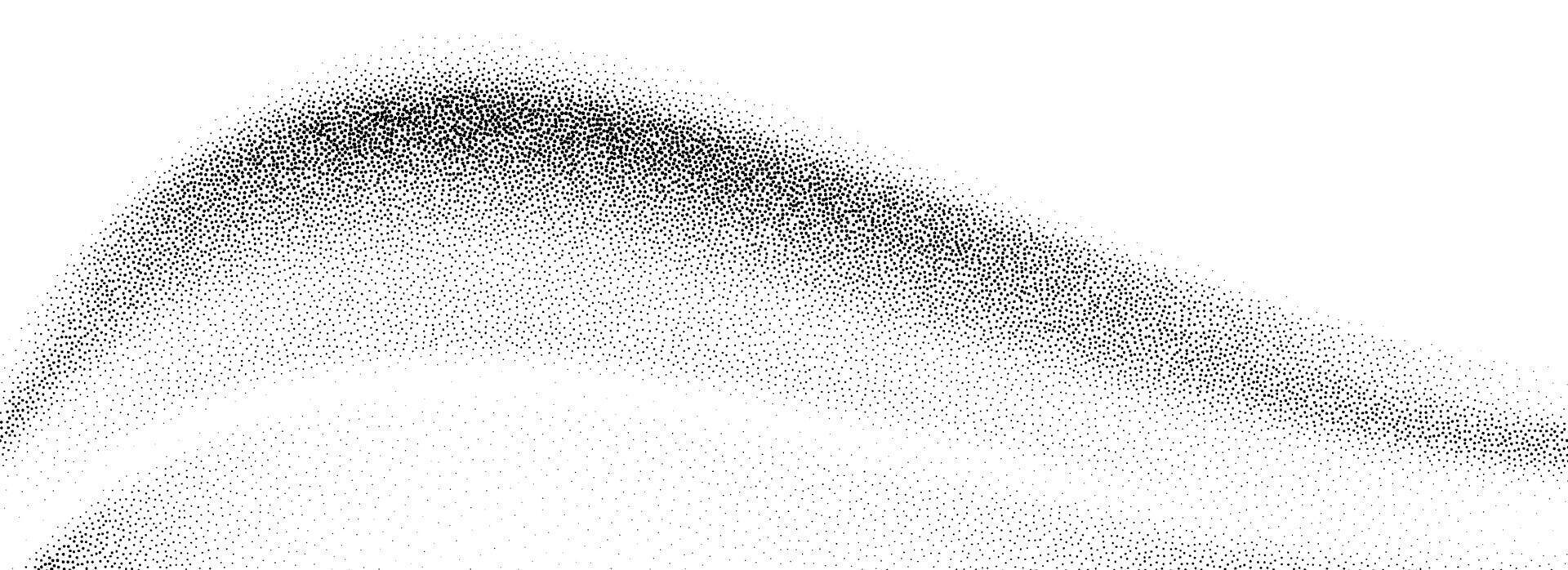 Gradient grain texture wave. Black stipple curve line background. Undulate smooth sandy backdrop with speckles, particles, granules. Grunge noise dotted wallpaper for banner, poster, brochure. vector