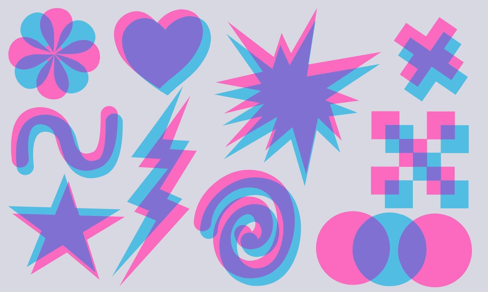 Abstract Groovy Shapes in Risograph Style. Colorful Wavy Elements. Collection of futuristic y2k retro geometric vector