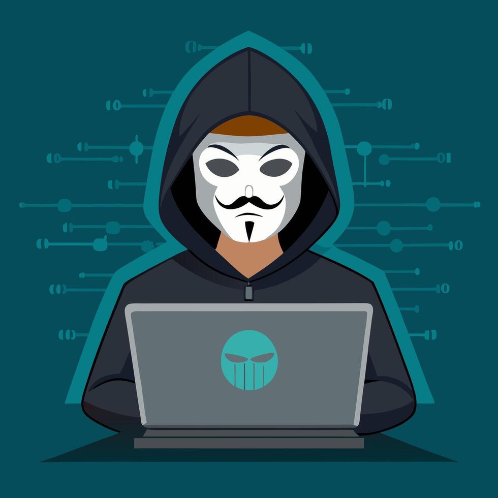 hacker agresor con un computadora portátil, intentando a robar personal datos. web seguridad amenaza, ciberdelincuencia, y suplantación de identidad concepto con programación código en el antecedentes. vector