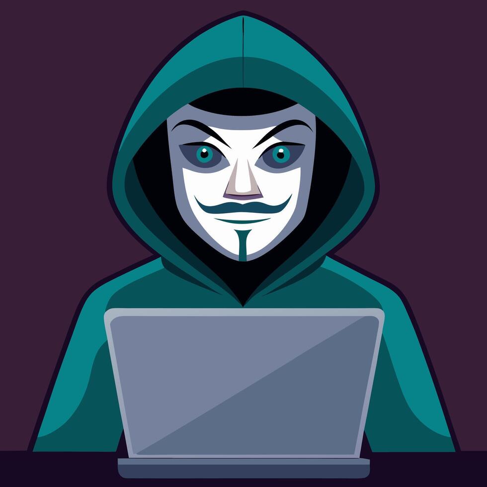 Cyber criminal in a hoodie stealing user data with a laptop. Concept of hacker attacks, phishing, and internet security breaches with programming code. vector