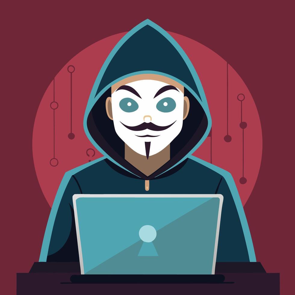 Hacker in a black hoodie using a laptop to steal personal data. Cybercrime and web security concept, highlighting internet phishing and programming code. vector