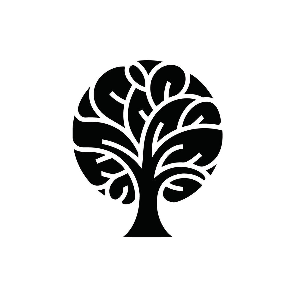 Minimalist Tree Silhouette Emblem Depicting Abstract Leaves and Branches in a Circular Design vector