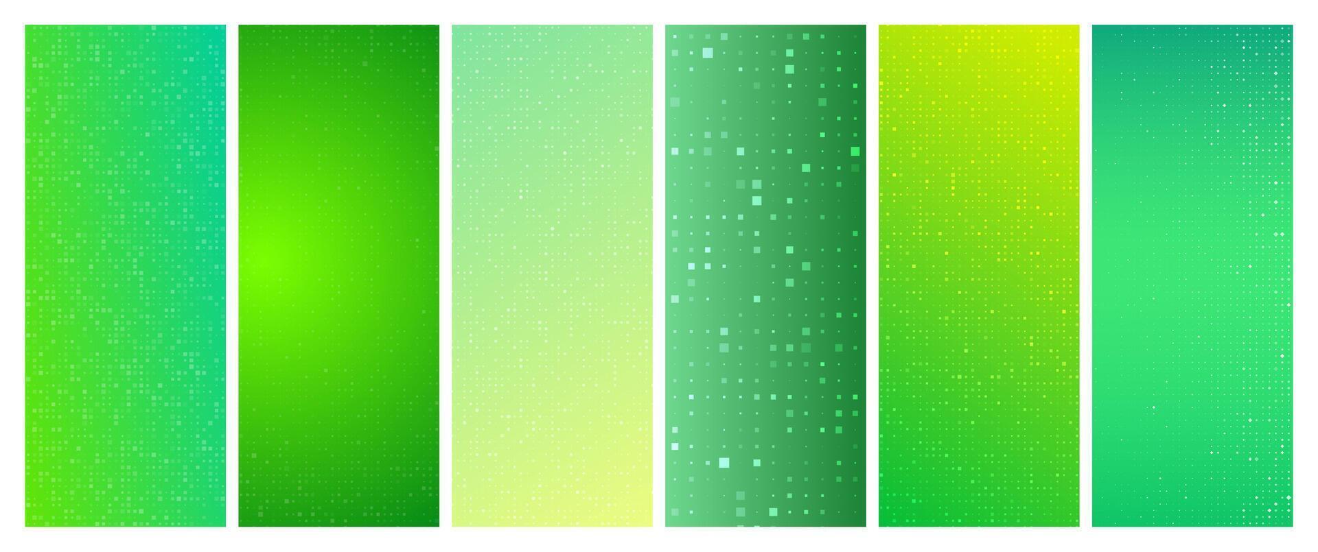 Set of six abstract green gradient geometric backgrounds with squares. Pixel backgrounds with empty space. illustration vector