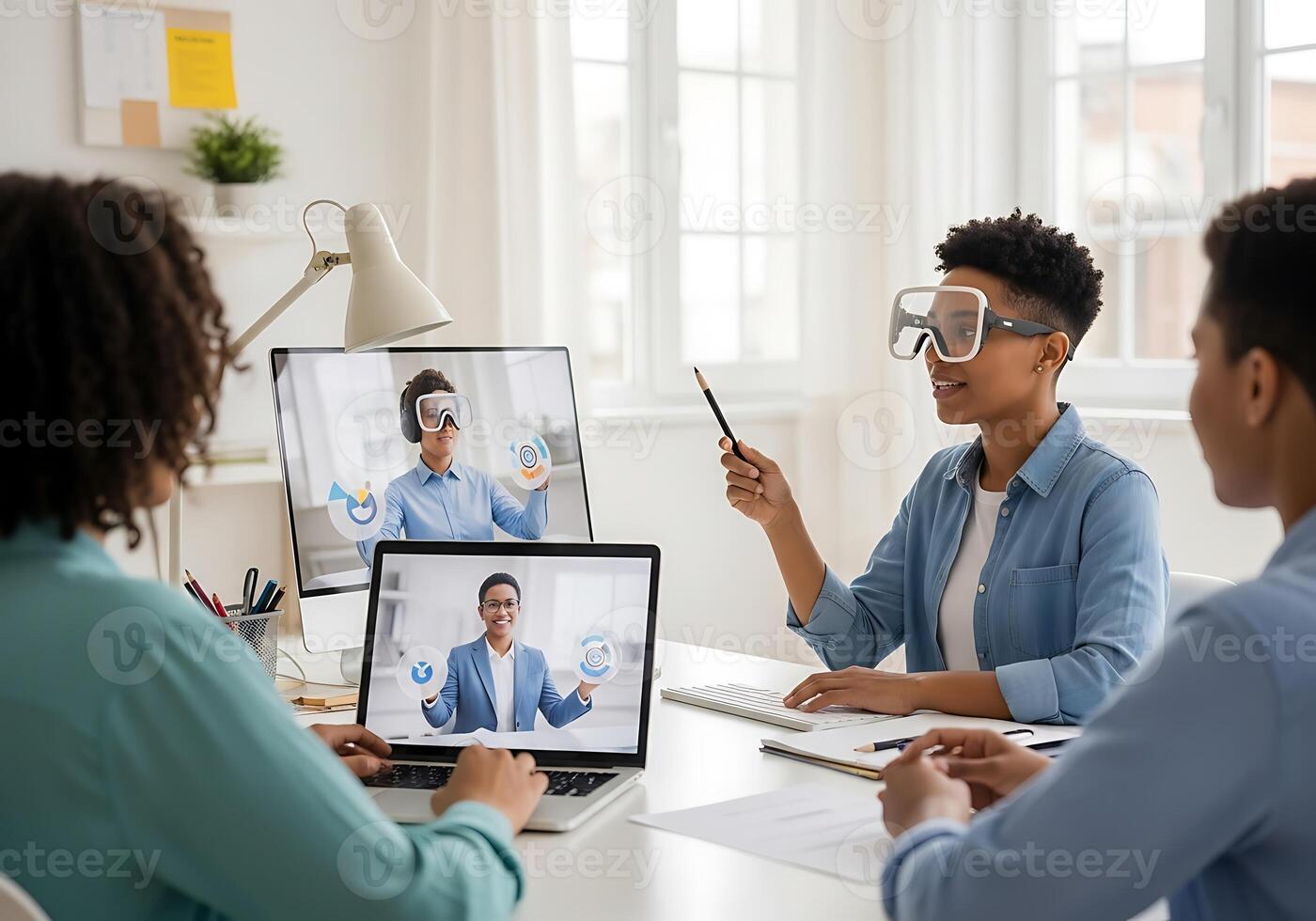 Professionals collaborate in a virtual reality meeting using AR goggles and holographic data visualizations. Ideal for future tech, metaverse, and remote work concepts. photo