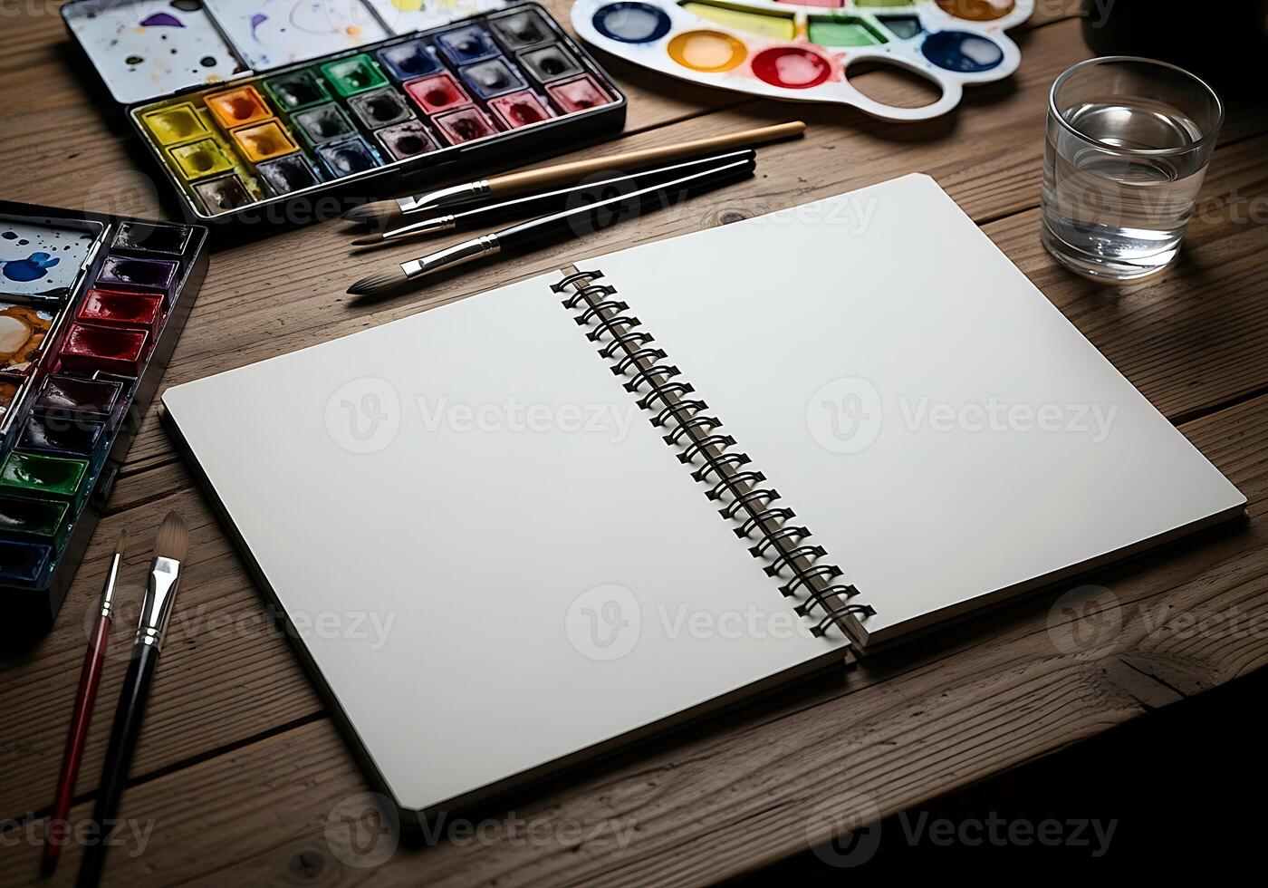 An Open Sketchbook And Watercolor Paints With Brushes And A Glass Of Water Are Arranged On A Rustic Wooden Table, Ready For Artistic Expression. photo