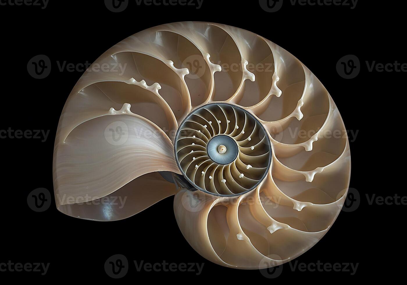 A Detailed View Of A Nautilus Shell Cross Section, Showcasing Its Intricate Chambered Spiral Structure And Natural Patterns Against A Dark Background. photo