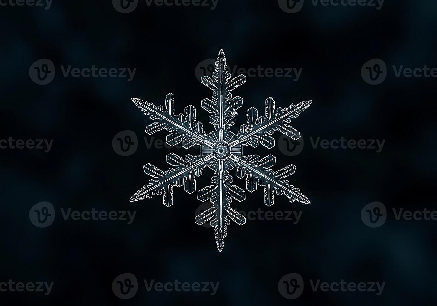 An Intricate Macro Of A Unique Ice Crystal, Highlighting Its Delicate Structure And Symmetrical Form Against A Dark Winter Background. photo