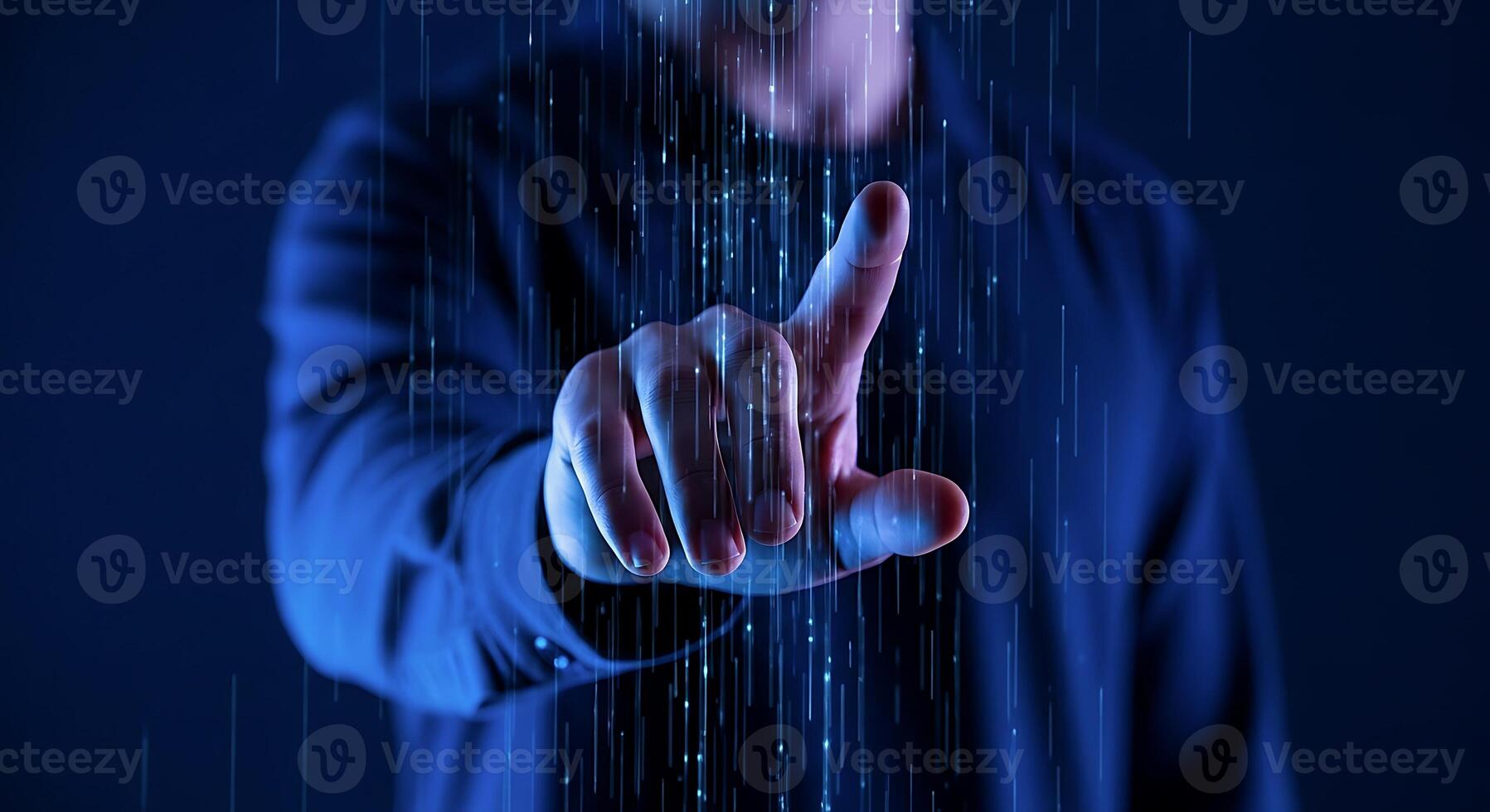 A Person's Hand Interacting With A Futuristic Digital Interface, Featuring Glowing Vertical Data Streams On A Dark Blue Background, Symbolizing Technology And Connectivity. photo