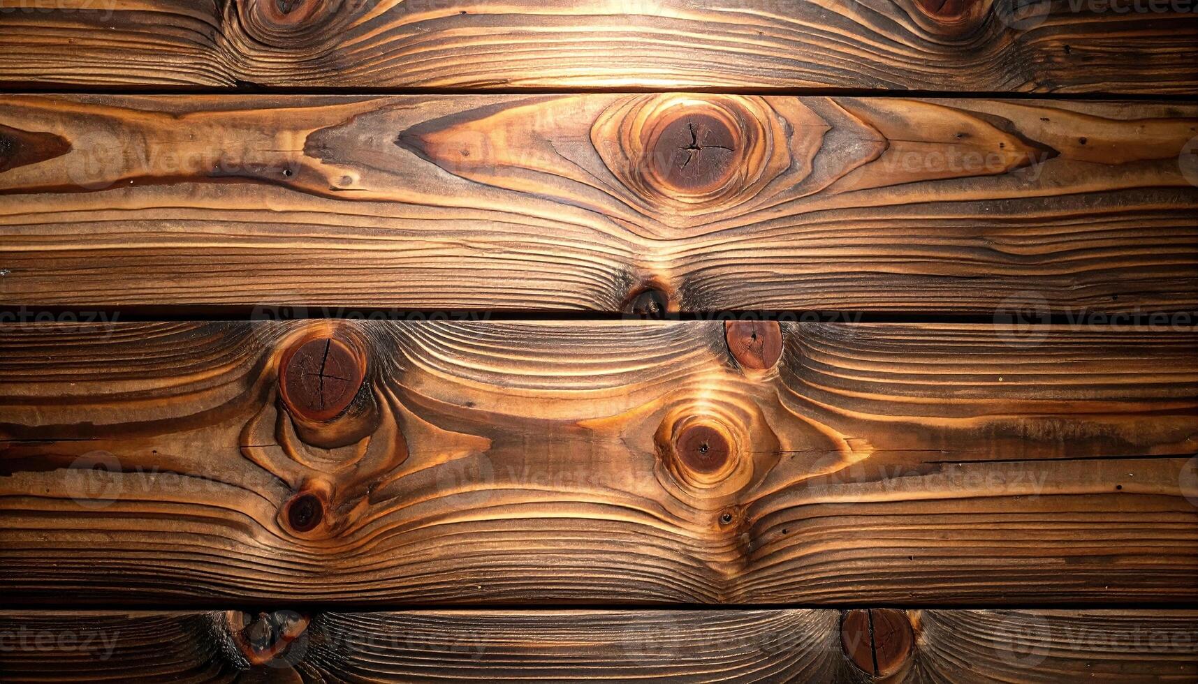 Close-up view of rich, dark wooden planks, displaying intricate wood grain patterns and beautiful knots, creating a warm and inviting visual appeal. photo