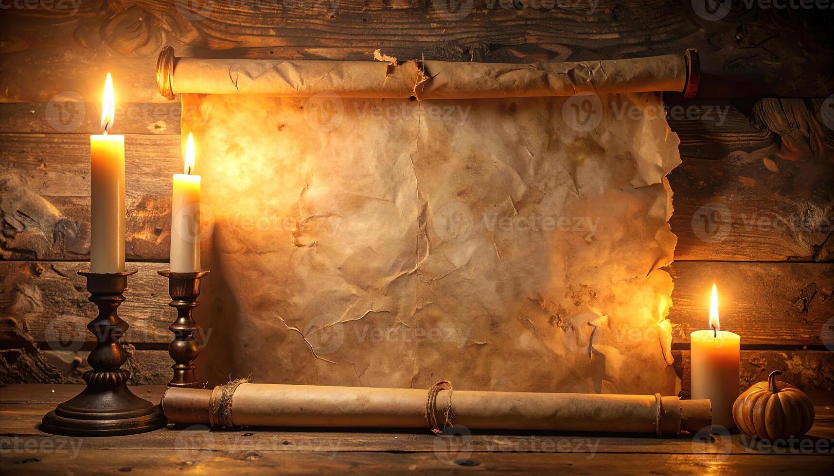Aged parchment scrolls displayed on a rustic wooden surface, illuminated by warm candlelight, creating a captivating and nostalgic scene. photo