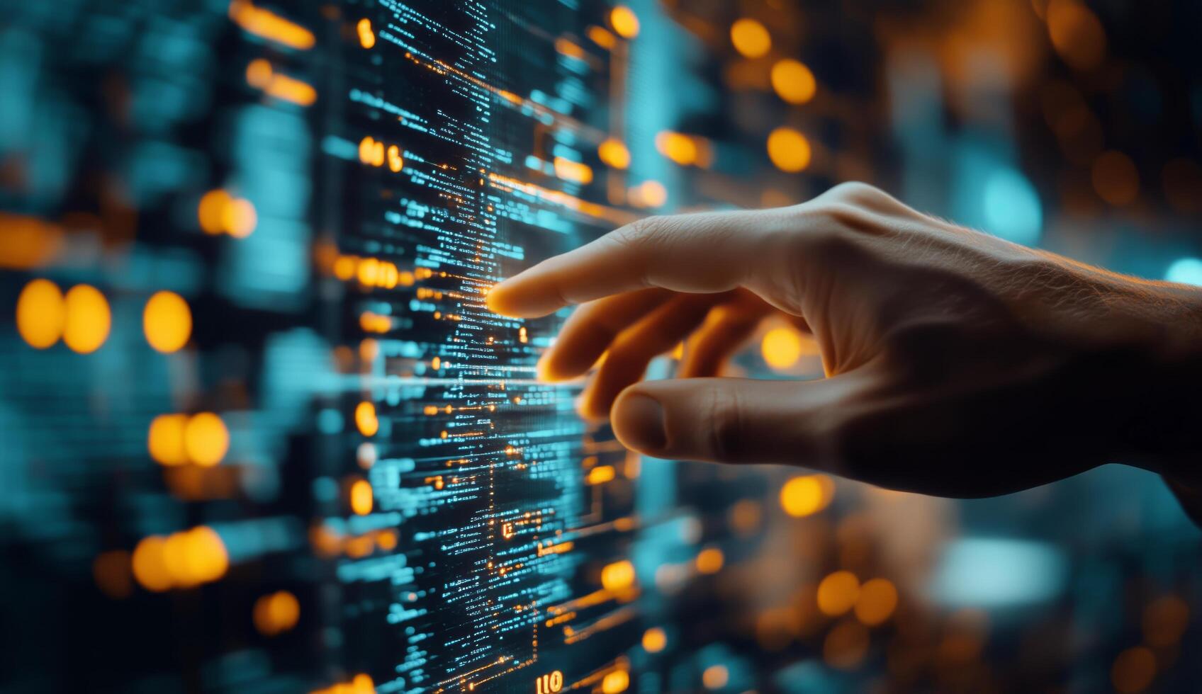 Hand Interacting With Digital Interface Displaying Data and Information in a Modern Tech Environment photo