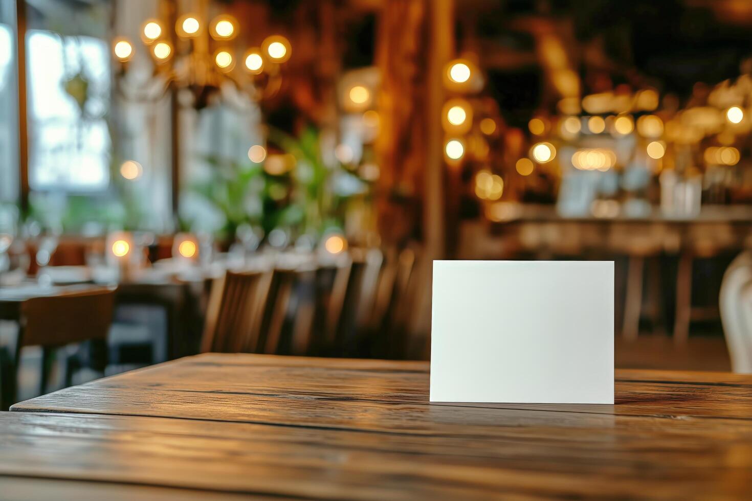 Blank Card Placed on a Rustic Wooden Table in a Warm, Inviting Cafe During Daytime. photo