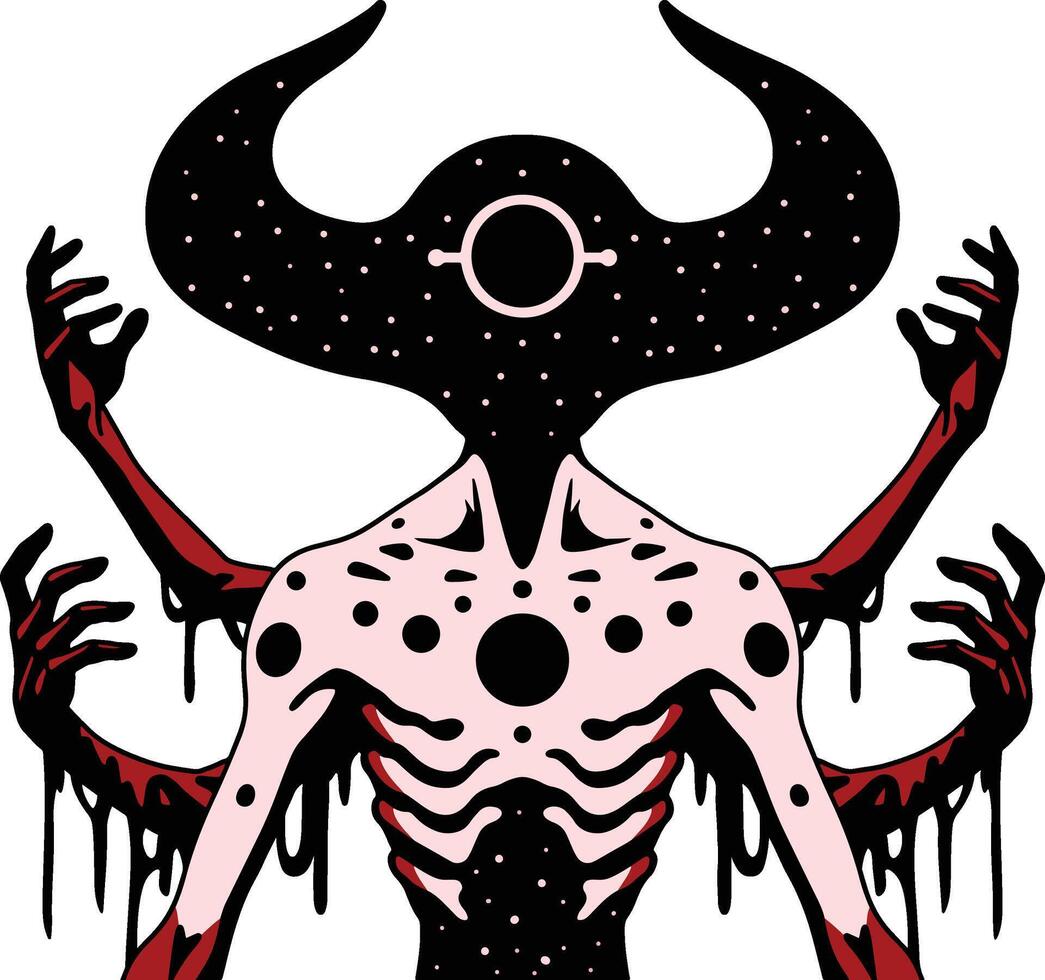 Cosmic Entity A Dark, Surreal Being with Horns and Extended Arms vector