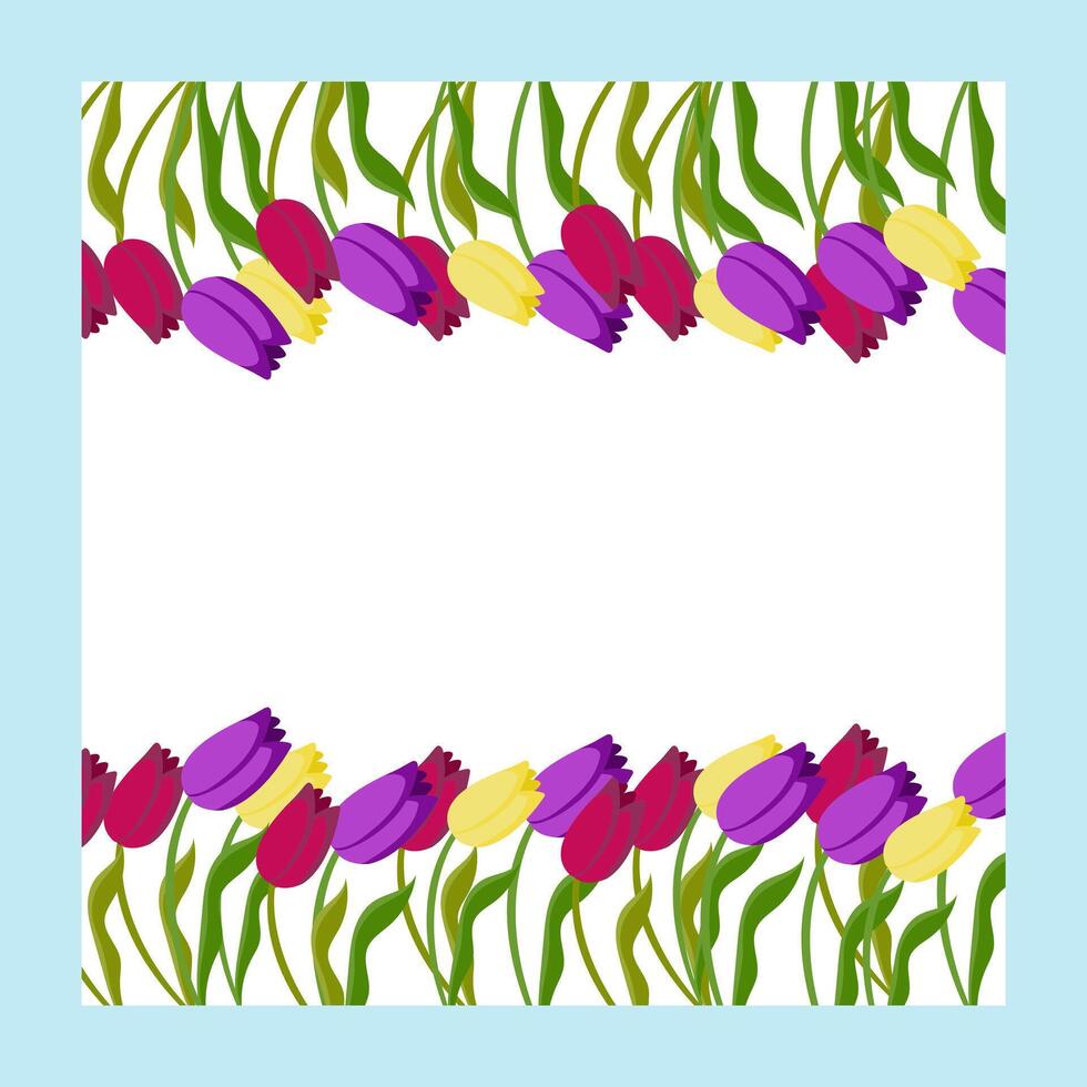 Frame with a border of multicolored tulips at the top and bottom. illustration isolated on a blue background. vector