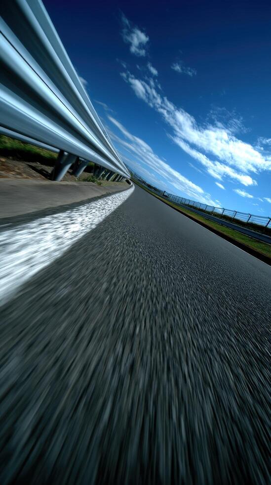 A blurry image of a road with a speed limit sign photo