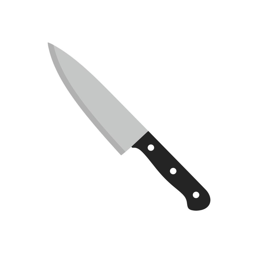 A sharp kitchen knife, ideal for cutting, slicing, and chopping various food items. It features a metallic blade with a sturdy black handle, designed for precision and efficiency. vector