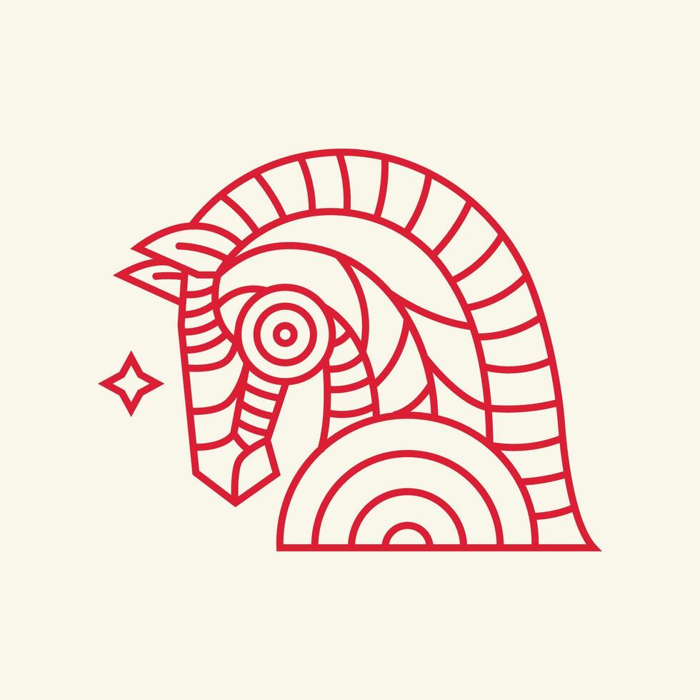 Minimalist red line art illustration of a stylized horse head with geometric patterns and abstract shapes vector