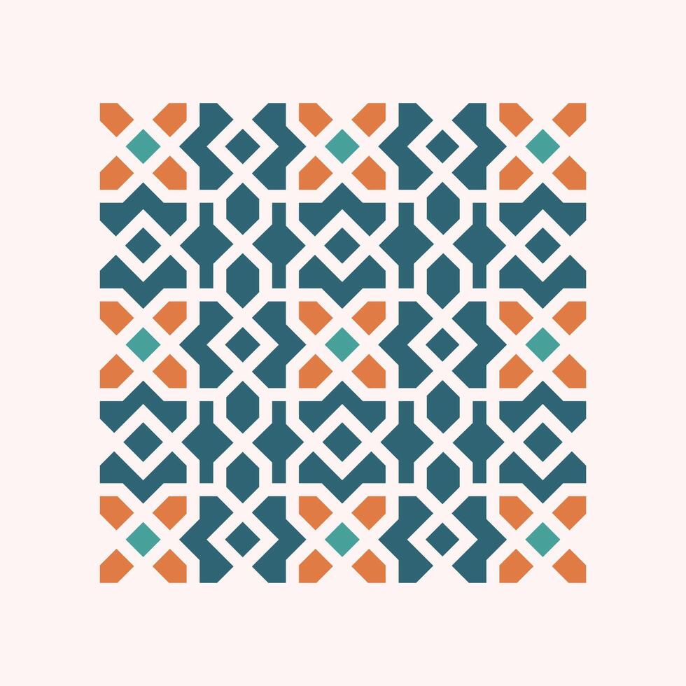 Colorful geometric block pattern with repeating diamond and cross shapes in teal, orange, and aqua vector