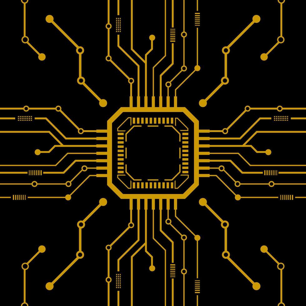 Seamless Abstract golden circuit board with central microchip on black background. Ideal for themes of technology, innovation, computing, and digital systems. Not AIgenerated created manually vector